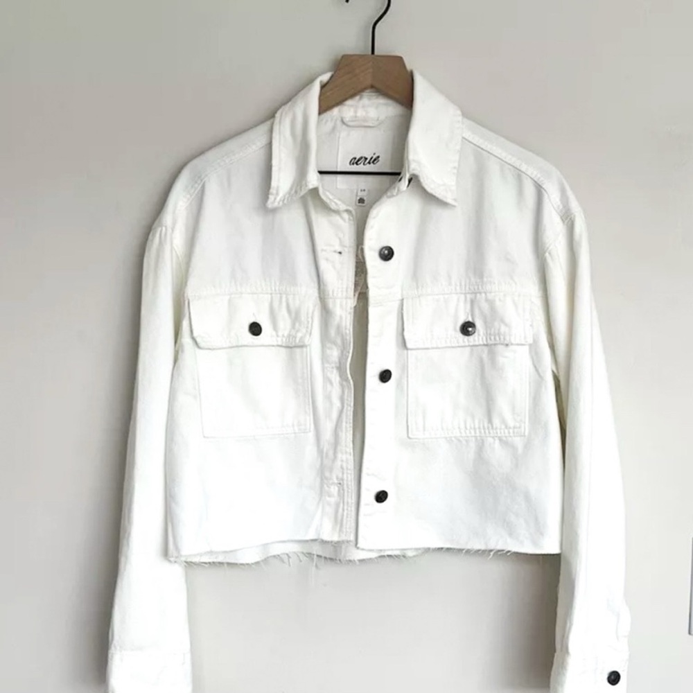 Aerie White Cropped Jean Jacket Classic Style